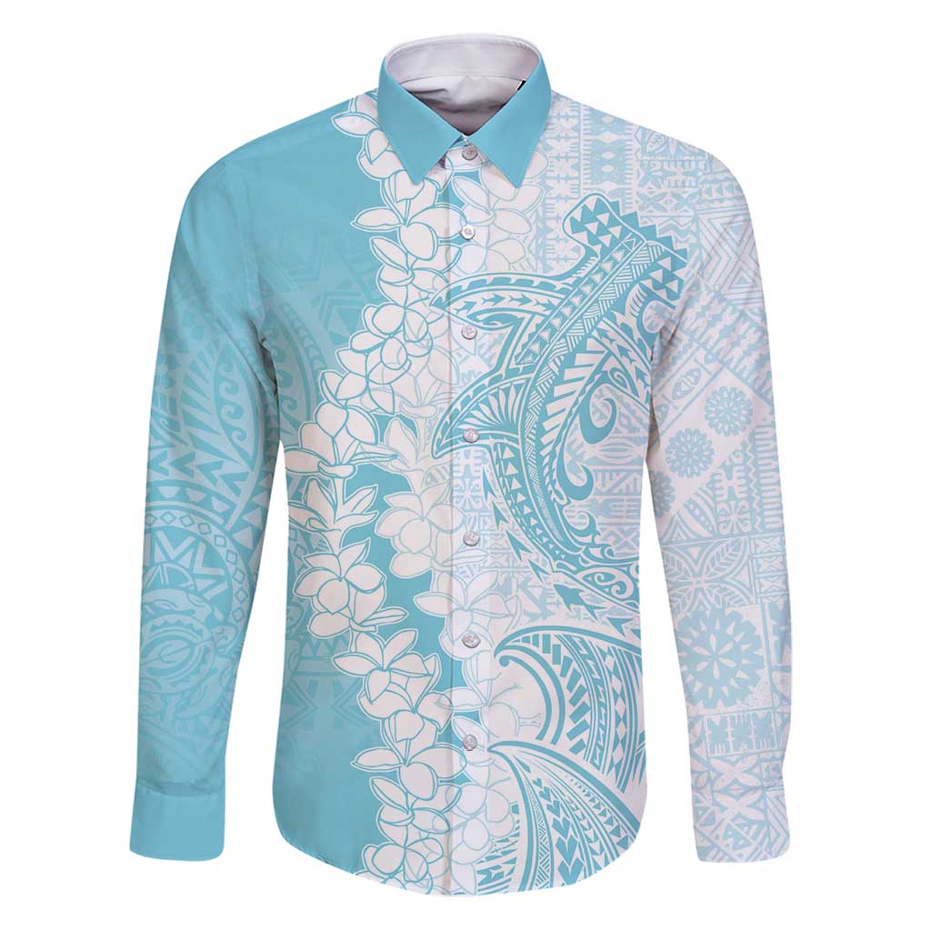 Polynesian Turquoise Plumeria Lei Family Matching Puletasi and Hawaiian Shirt with Hammerhead Shark LT7 Dad's Shirt - Long Sleeve Turquoise - Polynesian Pride