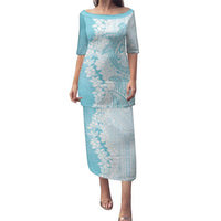 Polynesian Turquoise Plumeria Lei Family Matching Puletasi and Hawaiian Shirt with Hammerhead Shark LT7 Mom's Dress Turquoise - Polynesian Pride