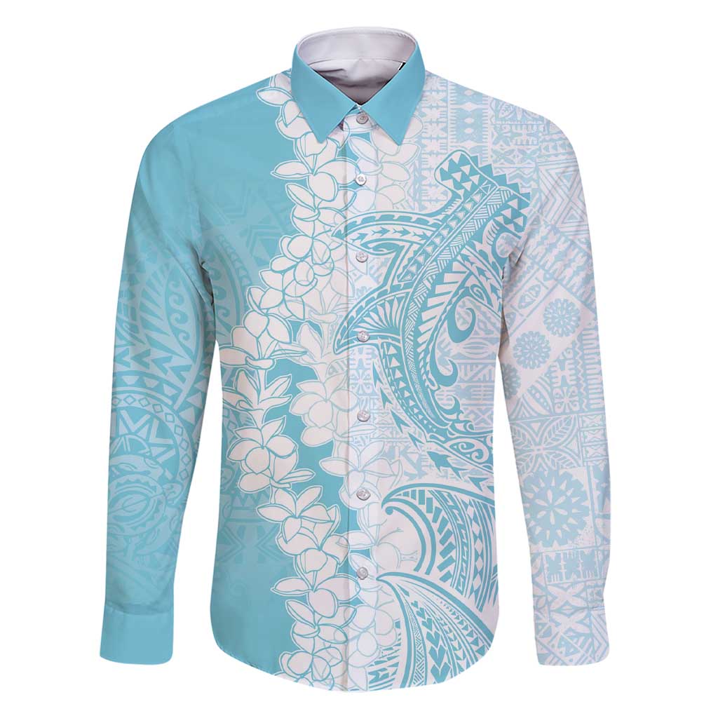 Polynesian Turquoise Plumeria Lei Family Matching Short Sleeve Bodycon Dress and Hawaiian Shirt with Hammerhead Shark LT7 Dad's Shirt - Long Sleeve Turquoise - Polynesian Pride
