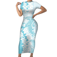 Polynesian Turquoise Plumeria Lei Family Matching Short Sleeve Bodycon Dress and Hawaiian Shirt with Hammerhead Shark LT7 Mom's Dress Turquoise - Polynesian Pride