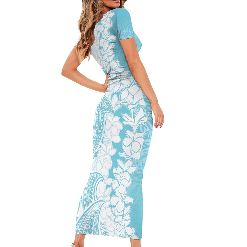 Polynesian Turquoise Plumeria Lei Family Matching Short Sleeve Bodycon Dress and Hawaiian Shirt with Hammerhead Shark LT7 - Polynesian Pride