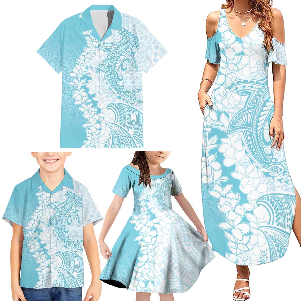 Polynesian Turquoise Plumeria Lei Family Matching Summer Maxi Dress and Hawaiian Shirt with Hammerhead Shark LT7 - Polynesian Pride