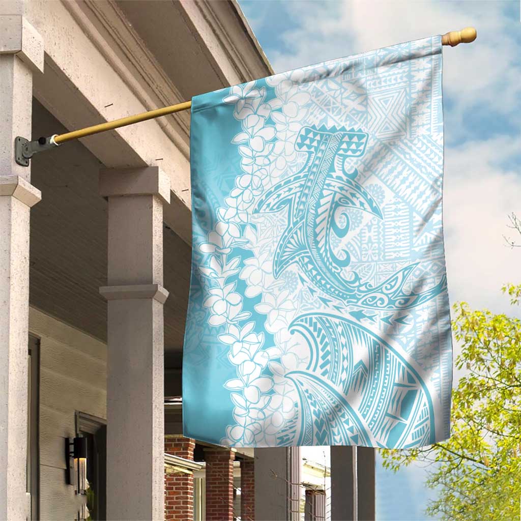 Polynesian Turquoise Plumeria Lei Garden Flag with Hammerhead Shark LT7 House Flag Turquoise - Polynesian Pride
