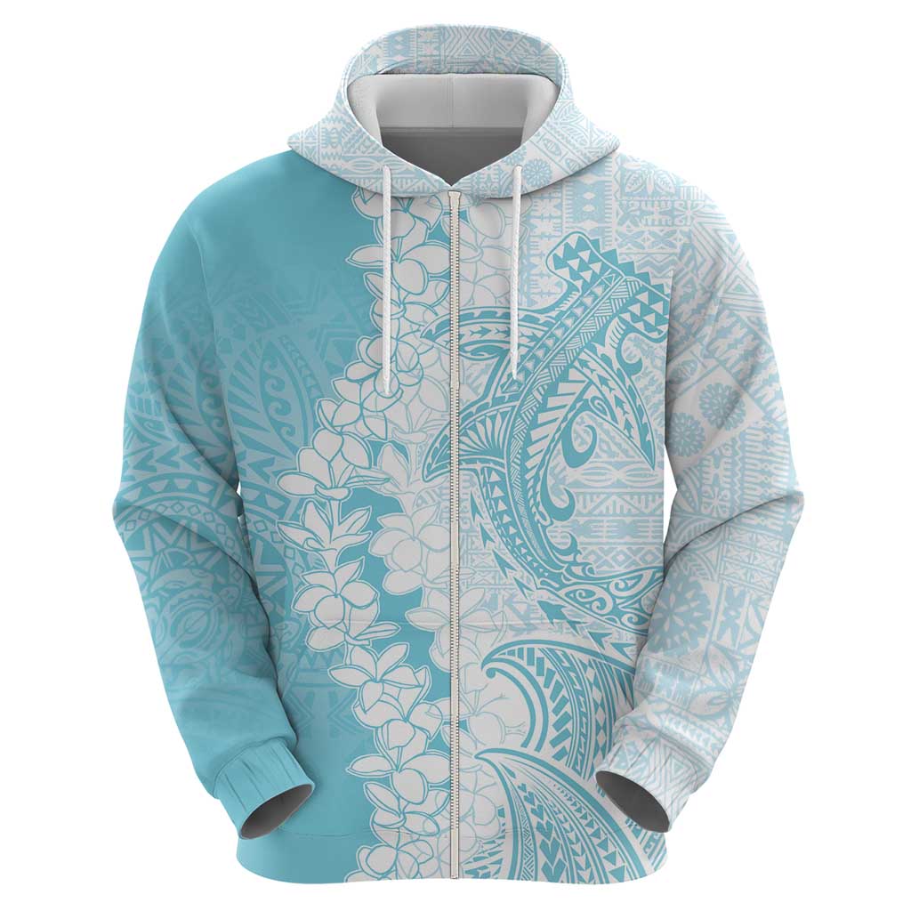 Polynesian Turquoise Plumeria Lei Hoodie with Hammerhead Shark