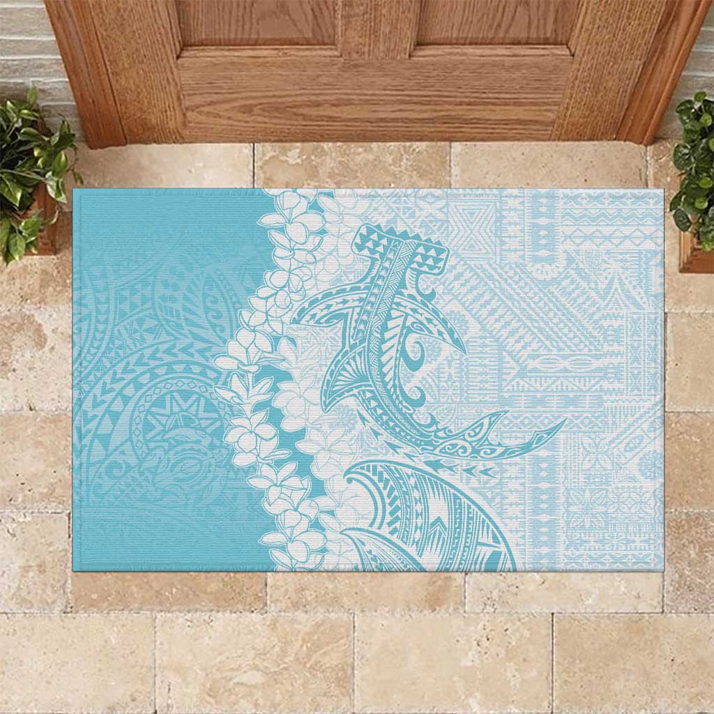 Polynesian Turquoise Plumeria Lei Rubber Doormat with Hammerhead Shark