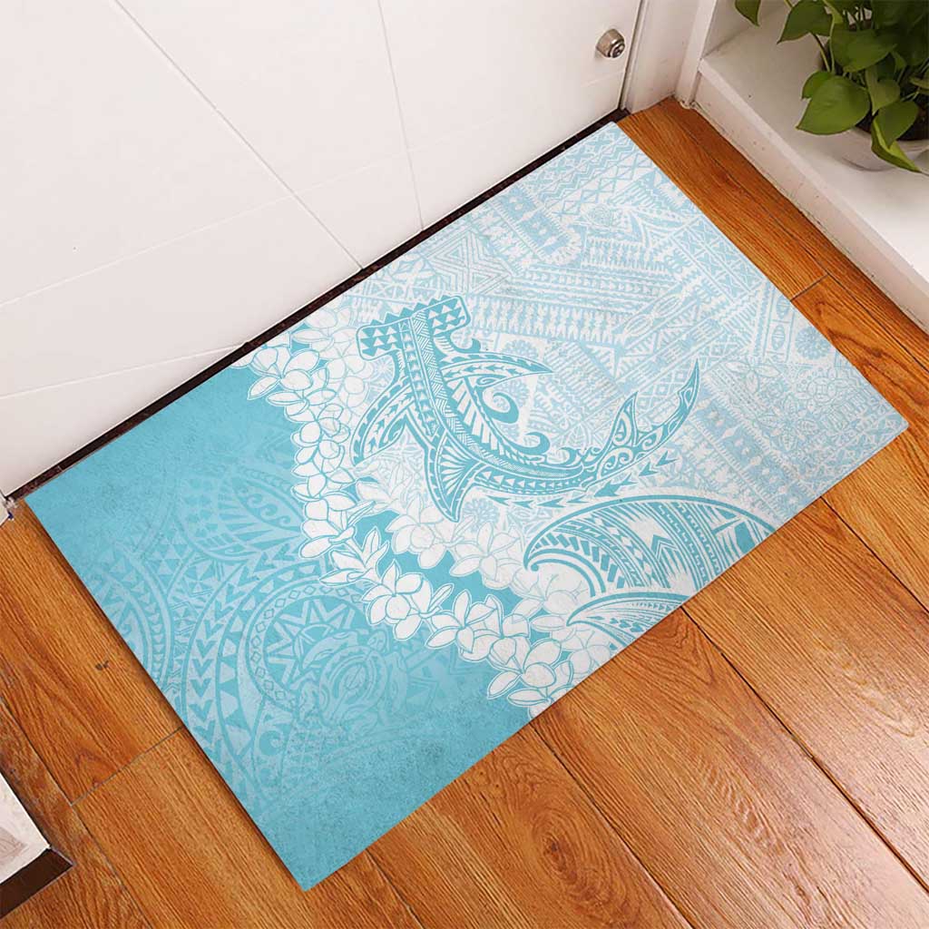 Polynesian Turquoise Plumeria Lei Rubber Doormat with Hammerhead Shark