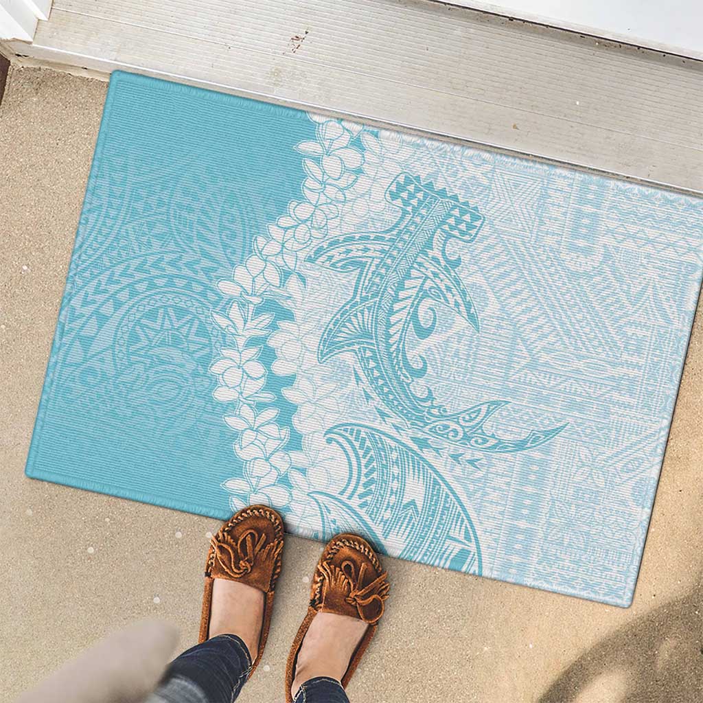 Polynesian Turquoise Plumeria Lei Rubber Doormat with Hammerhead Shark