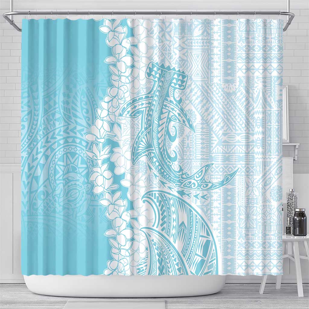 Polynesian Turquoise Plumeria Lei Shower Curtain with Hammerhead Shark LT7 - Polynesian Pride