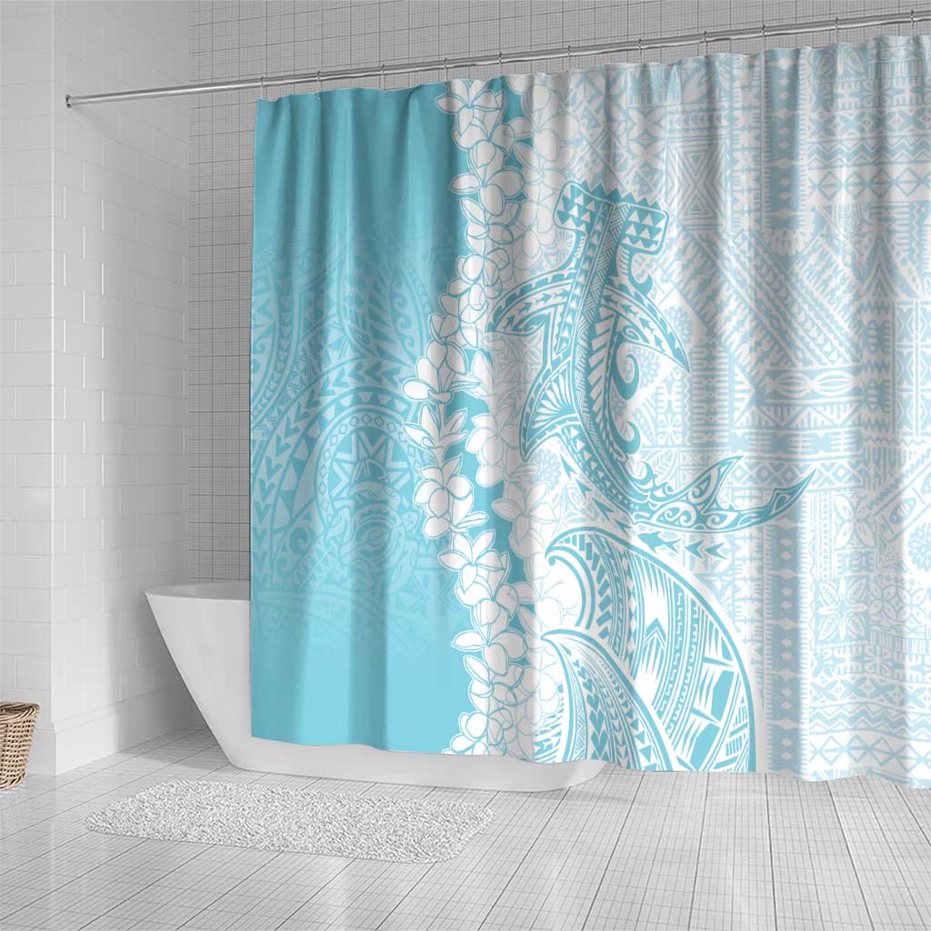 Polynesian Turquoise Plumeria Lei Shower Curtain with Hammerhead Shark LT7 - Polynesian Pride