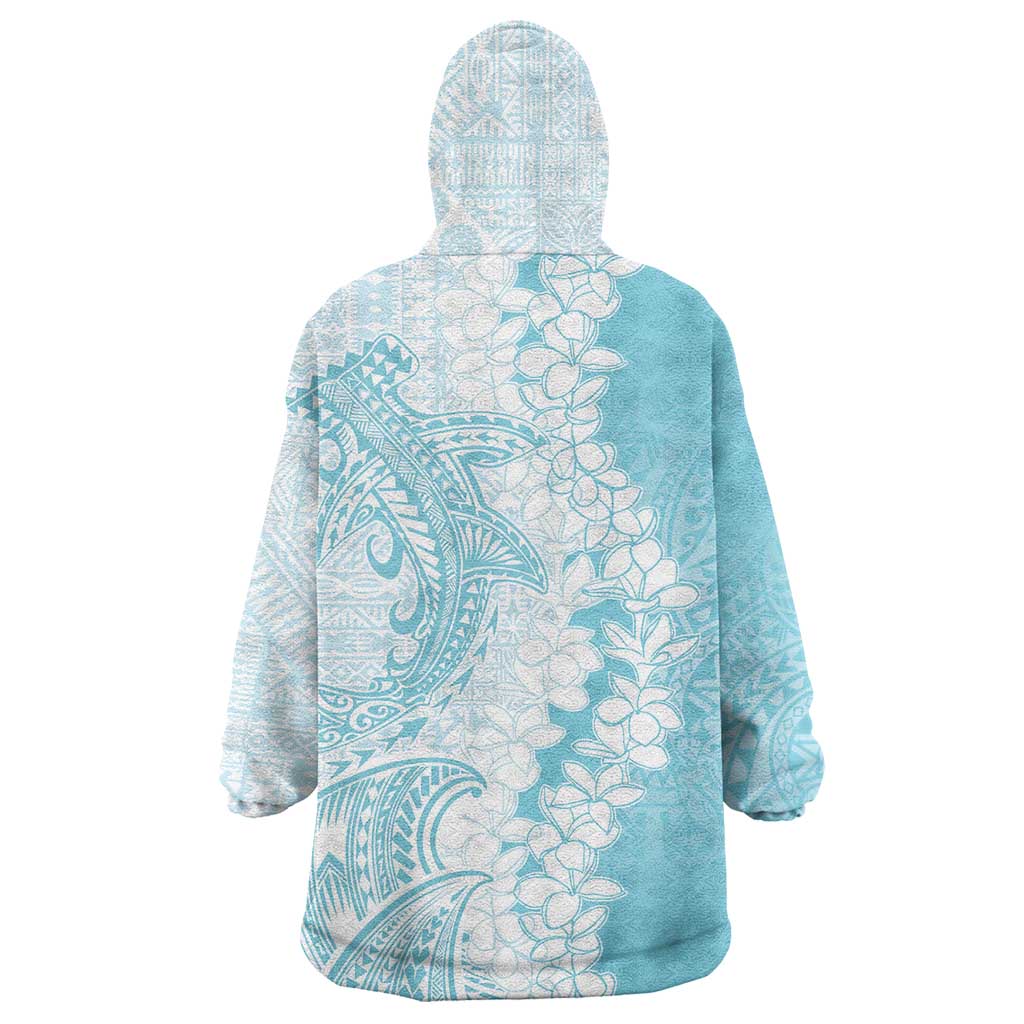 Polynesian Turquoise Plumeria Lei Wearable Blanket Hoodie with Hammerhead Shark LT7 - Polynesian Pride