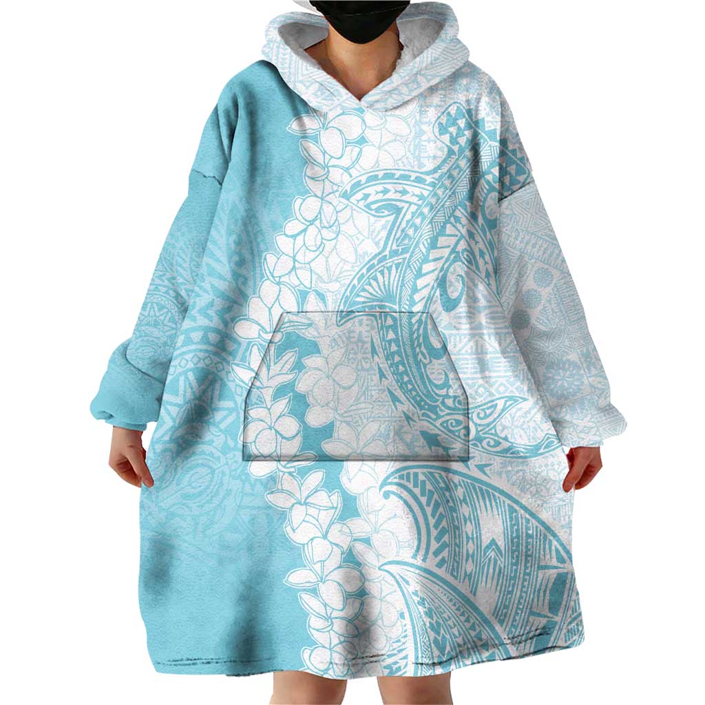 Polynesian Turquoise Plumeria Lei Wearable Blanket Hoodie with Hammerhead Shark LT7 - Polynesian Pride