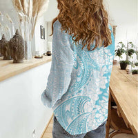 Polynesian Turquoise Plumeria Lei Women Casual Shirt with Hammerhead Shark LT7 - Polynesian Pride
