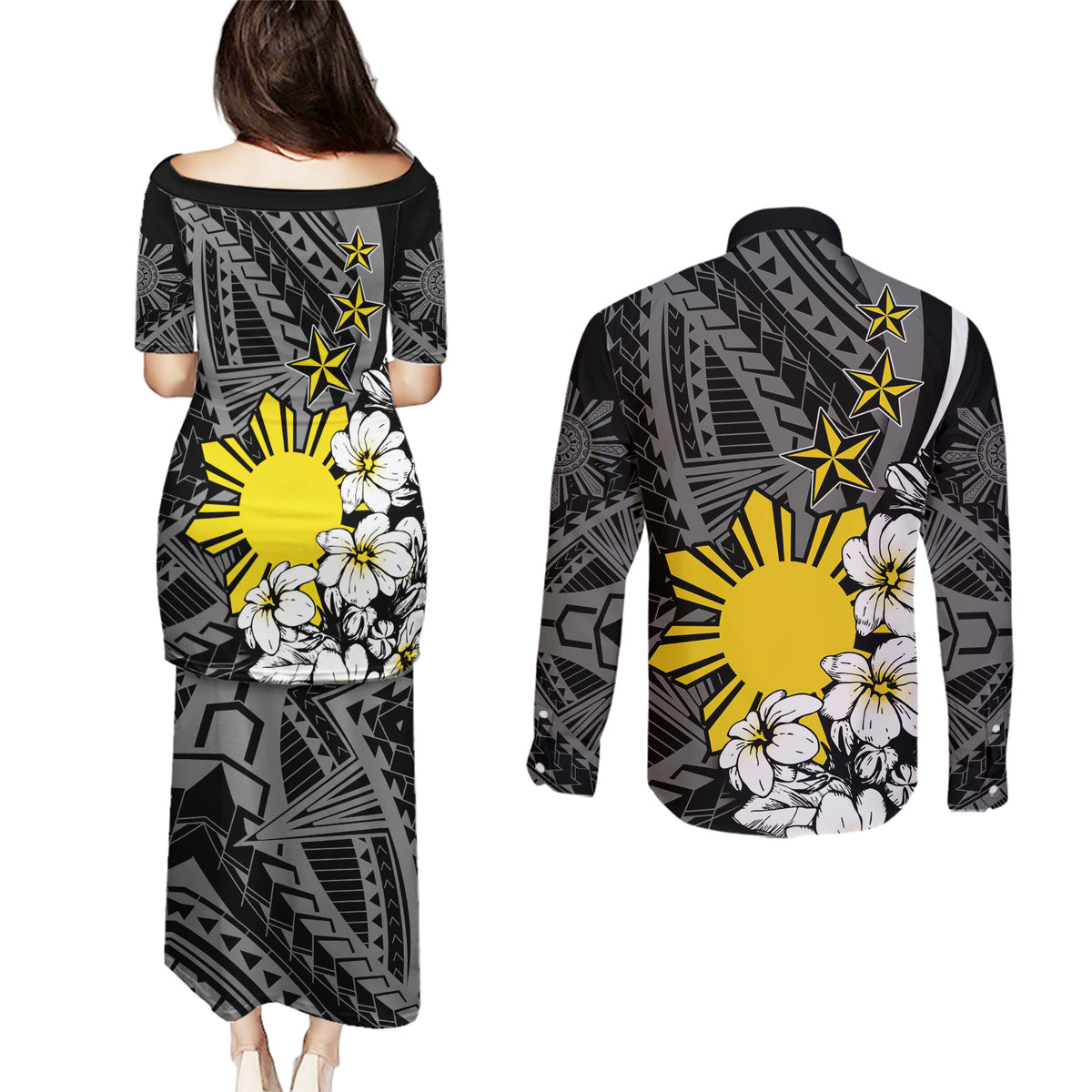 Philippines Sampaguita Personalised Couples Matching Puletasi and Long Sleeve Button Shirt Women's Day LT7 - Polynesian Pride