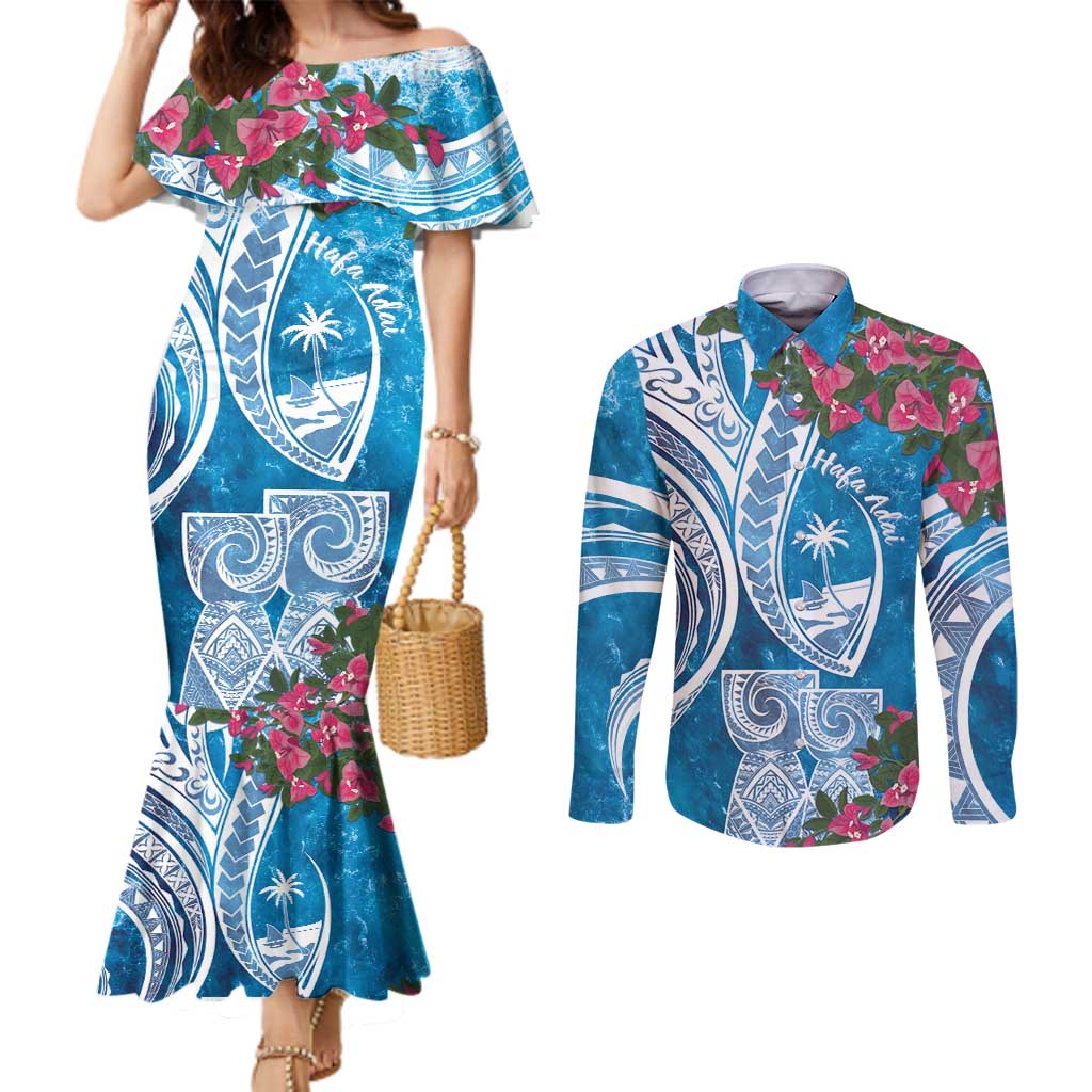 Hafa Adai Guam Couples Matching Mermaid Dress and Long Sleeve Button Shirt Crystal Waves