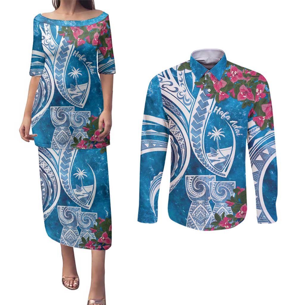 Hafa Adai Guam Couples Matching Puletasi and Long Sleeve Button Shirt Crystal Waves