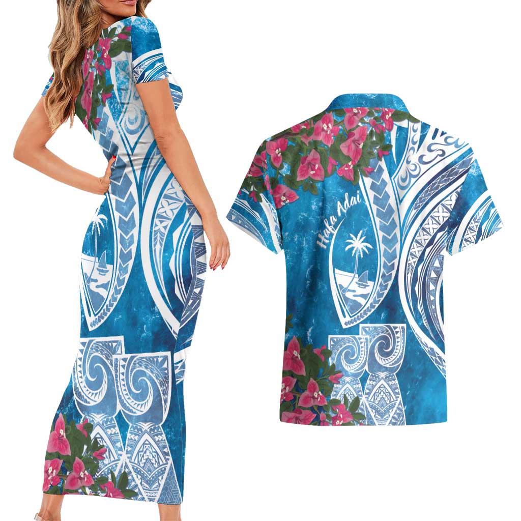 Hafa Adai Guam Couples Matching Short Sleeve Bodycon Dress and Hawaiian Shirt Crystal Waves