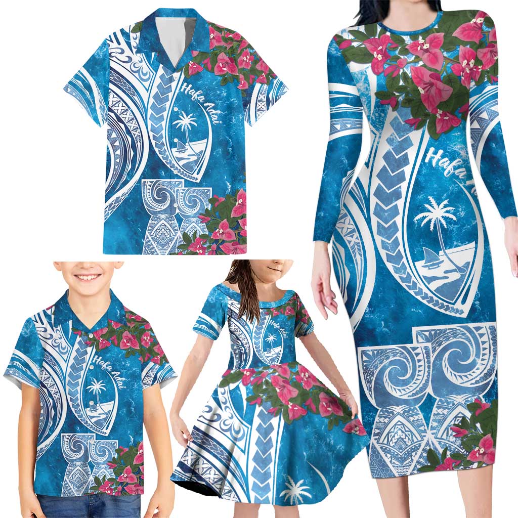 Hafa Adai Guam Family Matching Long Sleeve Bodycon Dress and Hawaiian Shirt Crystal Waves LT7 - Polynesian Pride