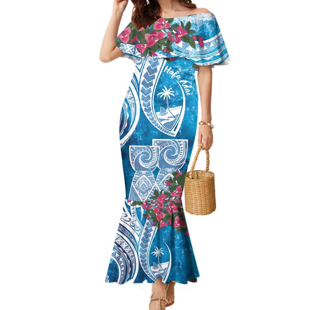 Hafa Adai Guam Family Matching Mermaid Dress and Hawaiian Shirt Crystal Waves LT7 Mom's Dress Blue - Polynesian Pride