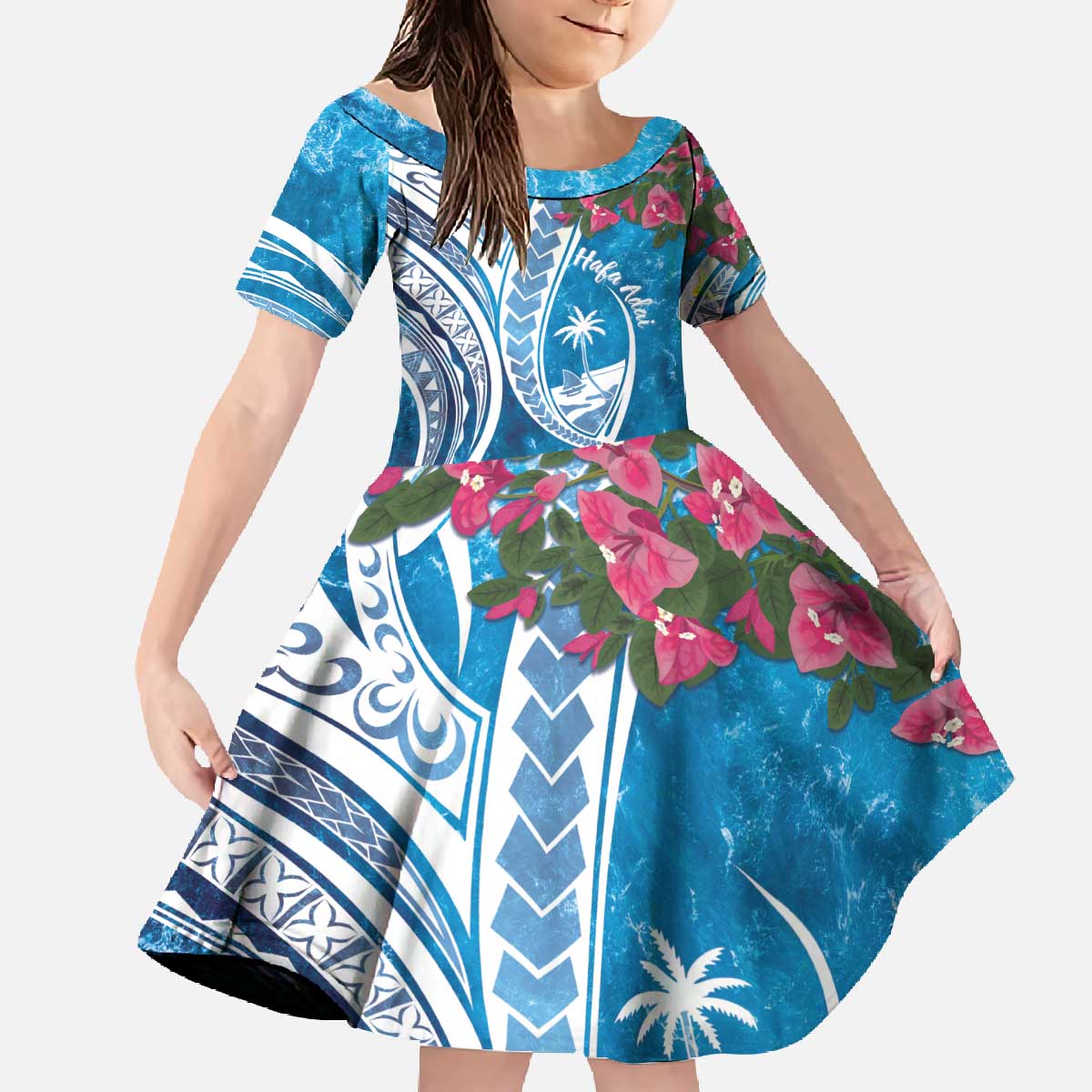Hafa Adai Guam Family Matching Off The Shoulder Long Sleeve Dress and Hawaiian Shirt Crystal Waves LT7 Daughter's Dress Blue - Polynesian Pride