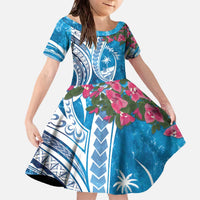 Hafa Adai Guam Family Matching Off The Shoulder Long Sleeve Dress and Hawaiian Shirt Crystal Waves LT7 Daughter's Dress Blue - Polynesian Pride