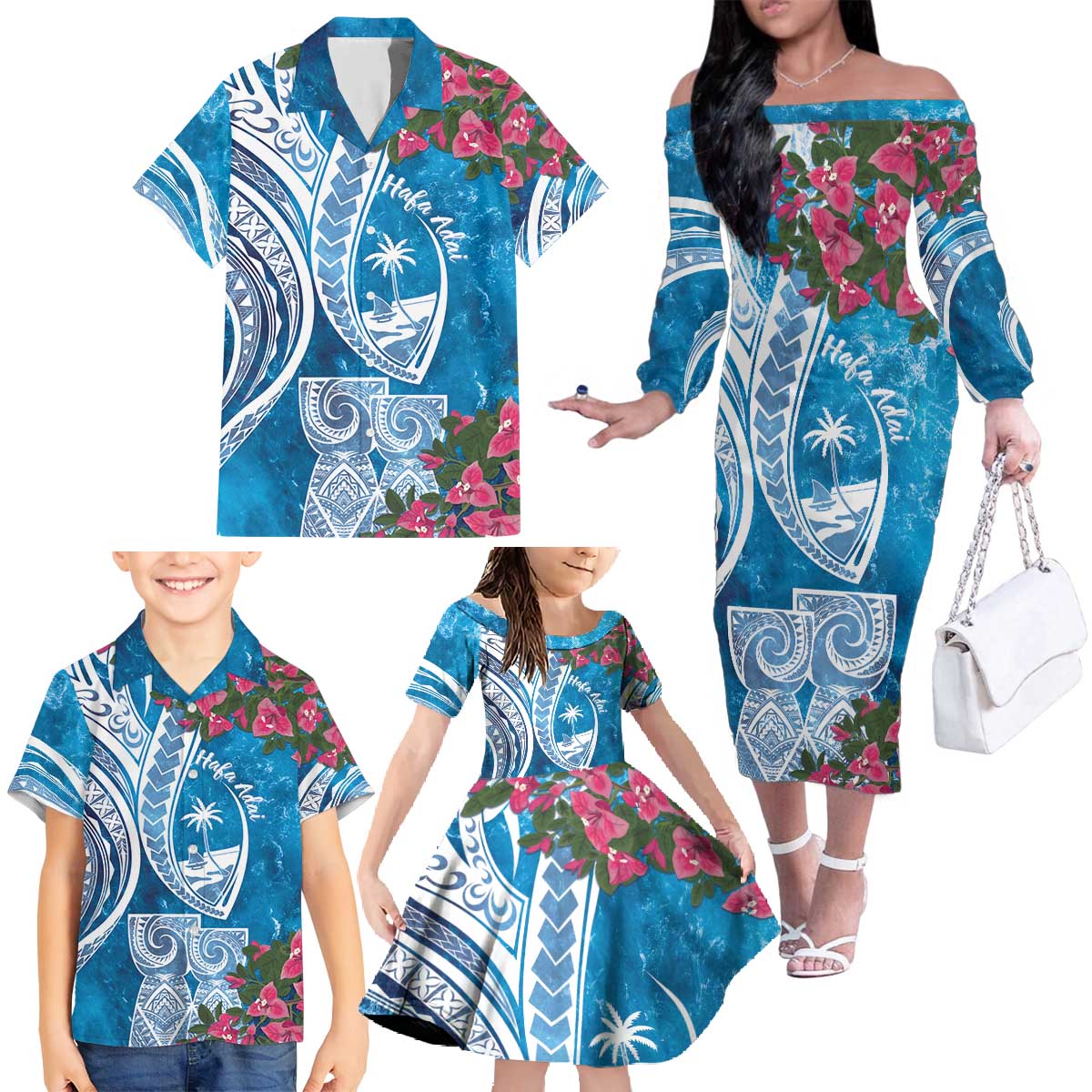 Hafa Adai Guam Family Matching Off The Shoulder Long Sleeve Dress and Hawaiian Shirt Crystal Waves LT7 - Polynesian Pride