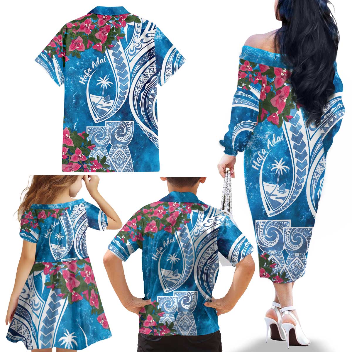 Hafa Adai Guam Family Matching Off The Shoulder Long Sleeve Dress and Hawaiian Shirt Crystal Waves LT7 - Polynesian Pride