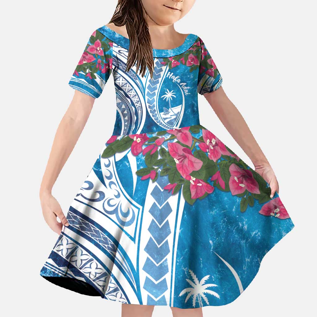 Hafa Adai Guam Family Matching Off Shoulder Maxi Dress and Hawaiian Shirt Crystal Waves LT7 Daughter's Dress Blue - Polynesian Pride