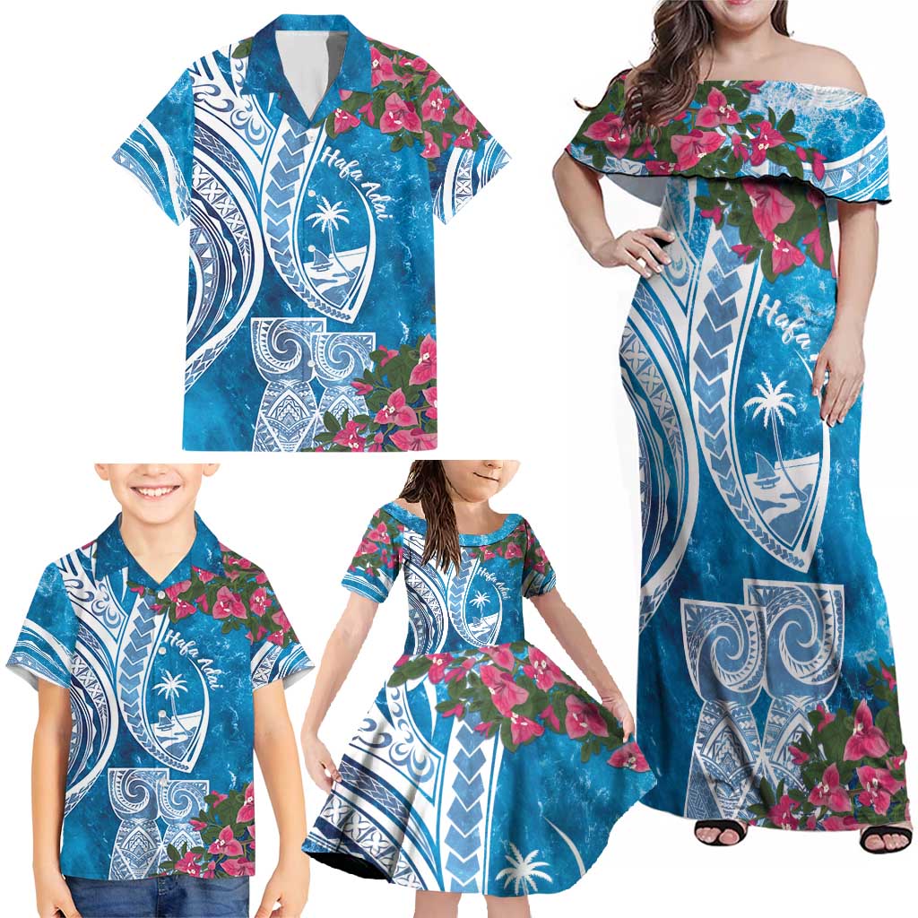 Hafa Adai Guam Family Matching Off Shoulder Maxi Dress and Hawaiian Shirt Crystal Waves LT7 - Polynesian Pride