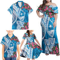 Hafa Adai Guam Family Matching Off Shoulder Maxi Dress and Hawaiian Shirt Crystal Waves LT7 - Polynesian Pride
