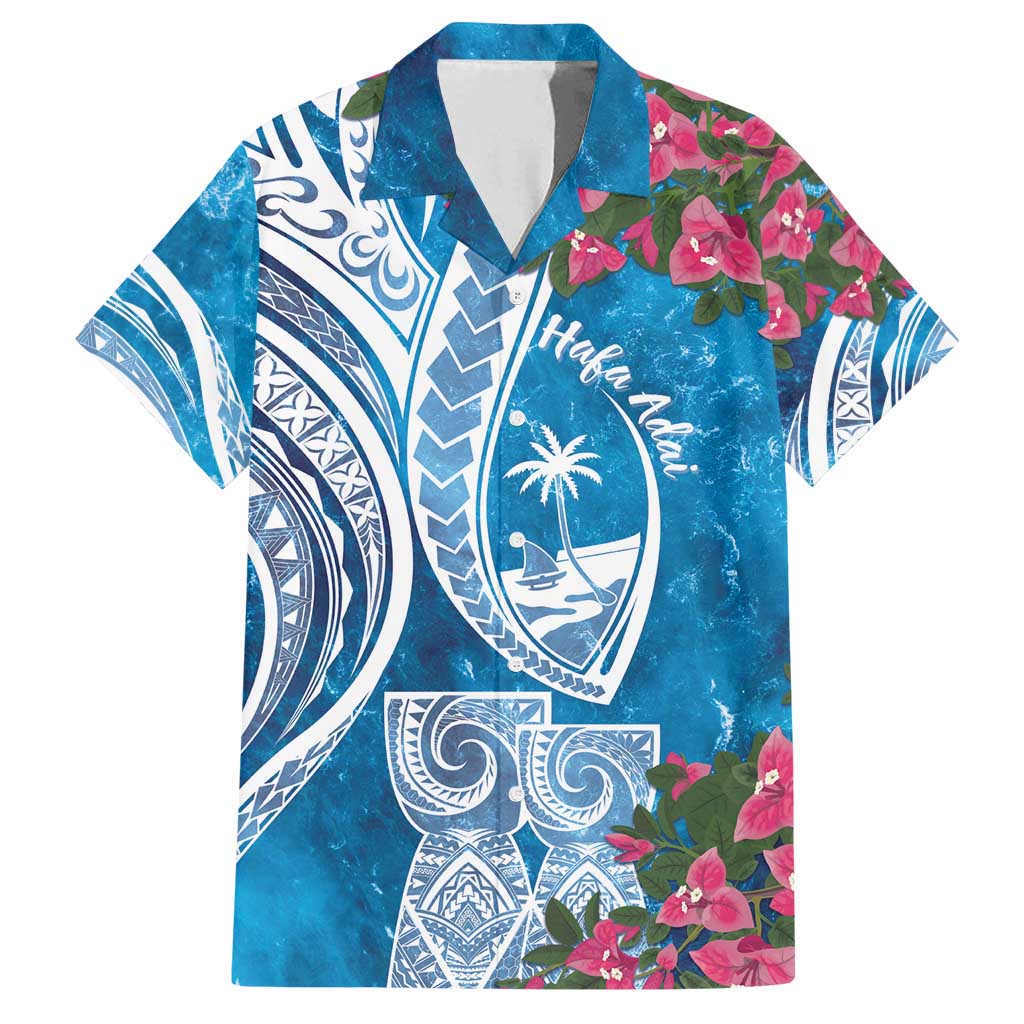 Hafa Adai Guam Family Matching Off Shoulder Maxi Dress and Hawaiian Shirt Crystal Waves LT7 Dad's Shirt - Short Sleeve Blue - Polynesian Pride