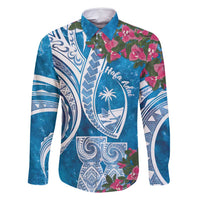 Hafa Adai Guam Family Matching Off Shoulder Maxi Dress and Hawaiian Shirt Crystal Waves LT7 Dad's Shirt - Long Sleeve Blue - Polynesian Pride
