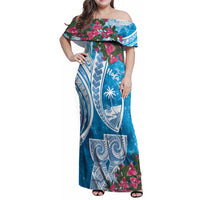 Hafa Adai Guam Family Matching Off Shoulder Maxi Dress and Hawaiian Shirt Crystal Waves LT7 Mom's Dress Blue - Polynesian Pride