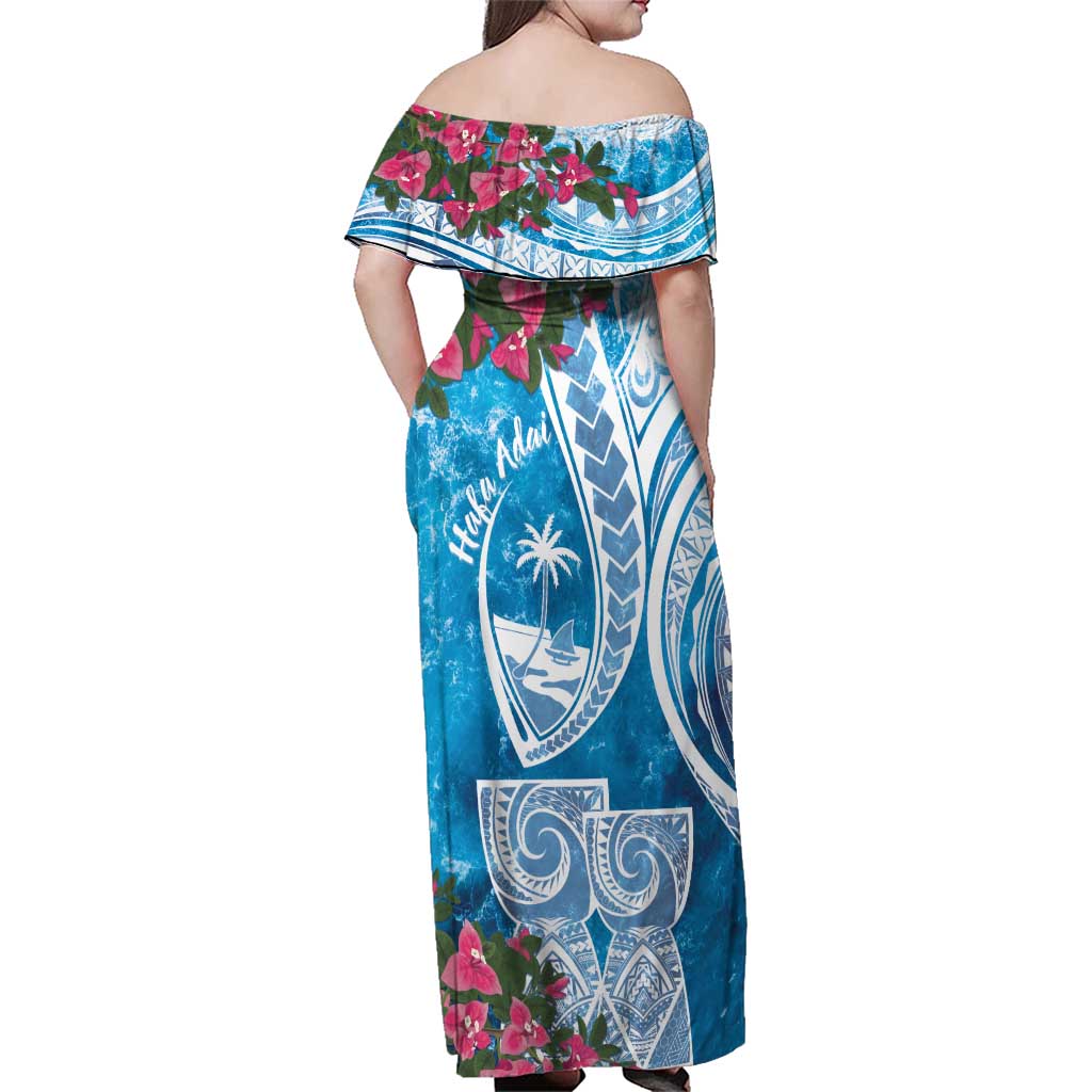 Hafa Adai Guam Family Matching Off Shoulder Maxi Dress and Hawaiian Shirt Crystal Waves LT7 - Polynesian Pride