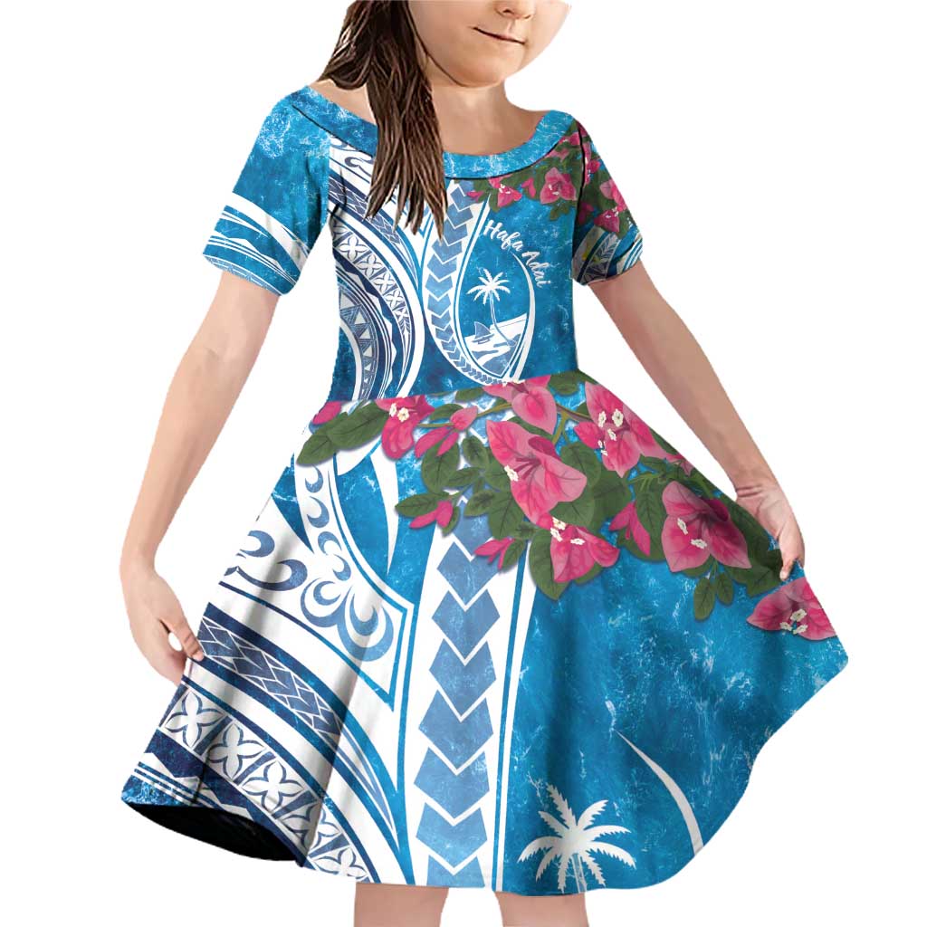 Hafa Adai Guam Family Matching Off Shoulder Short Dress and Hawaiian Shirt Crystal Waves LT7 Daughter's Dress Blue - Polynesian Pride