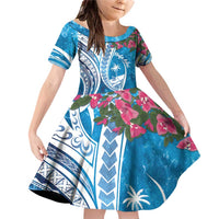 Hafa Adai Guam Family Matching Off Shoulder Short Dress and Hawaiian Shirt Crystal Waves LT7 Daughter's Dress Blue - Polynesian Pride
