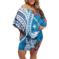 Hafa Adai Guam Family Matching Off Shoulder Short Dress and Hawaiian Shirt Crystal Waves LT7 Mom's Dress Blue - Polynesian Pride