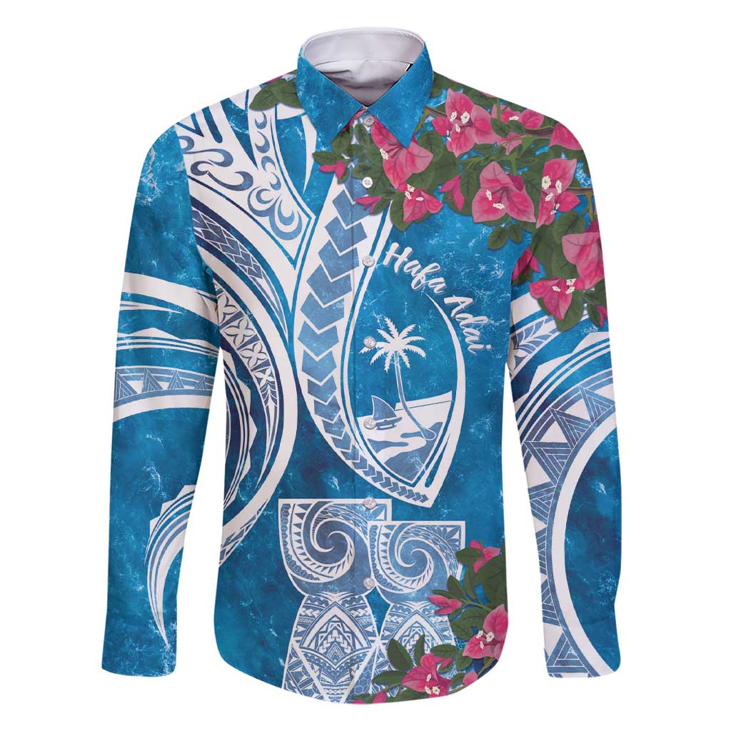 Hafa Adai Guam Family Matching Short Sleeve Bodycon Dress and Hawaiian Shirt Crystal Waves LT7 Dad's Shirt - Long Sleeve Blue - Polynesian Pride