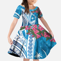 Hafa Adai Guam Family Matching Summer Maxi Dress and Hawaiian Shirt Crystal Waves LT7 Daughter's Dress Blue - Polynesian Pride