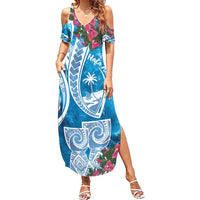 Hafa Adai Guam Family Matching Summer Maxi Dress and Hawaiian Shirt Crystal Waves LT7 Mom's Dress Blue - Polynesian Pride