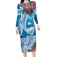 Hafa Adai Guam Long Sleeve Bodycon Dress Crystal Waves LT7 Long Dress Blue - Polynesian Pride