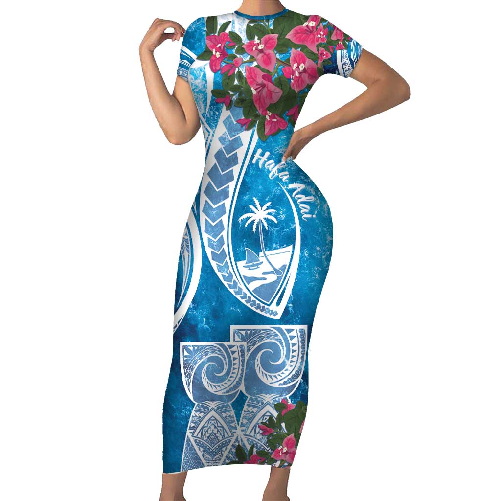 Hafa Adai Guam Short Sleeve Bodycon Dress Crystal Waves LT7 Long Dress Blue - Polynesian Pride