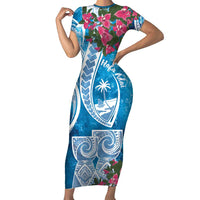 Hafa Adai Guam Short Sleeve Bodycon Dress Crystal Waves LT7 Long Dress Blue - Polynesian Pride