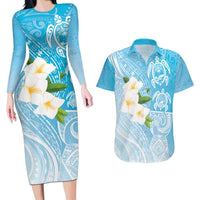 Personalized Guam Chamorro Couples Matching Long Sleeve Bodycon Dress and Hawaiian Shirt Turtles and Guasali Flowers LT7 Turquoise - Polynesian Pride