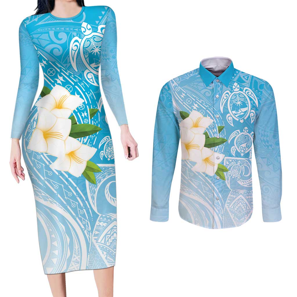 Personalized Guam Chamorro Couples Matching Long Sleeve Bodycon Dress and Long Sleeve Button Shirt Turtles and Guasali Flowers LT7 Turquoise - Polynesian Pride