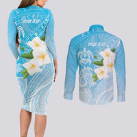Personalized Guam Chamorro Couples Matching Long Sleeve Bodycon Dress and Long Sleeve Button Shirt Turtles and Guasali Flowers LT7 - Polynesian Pride