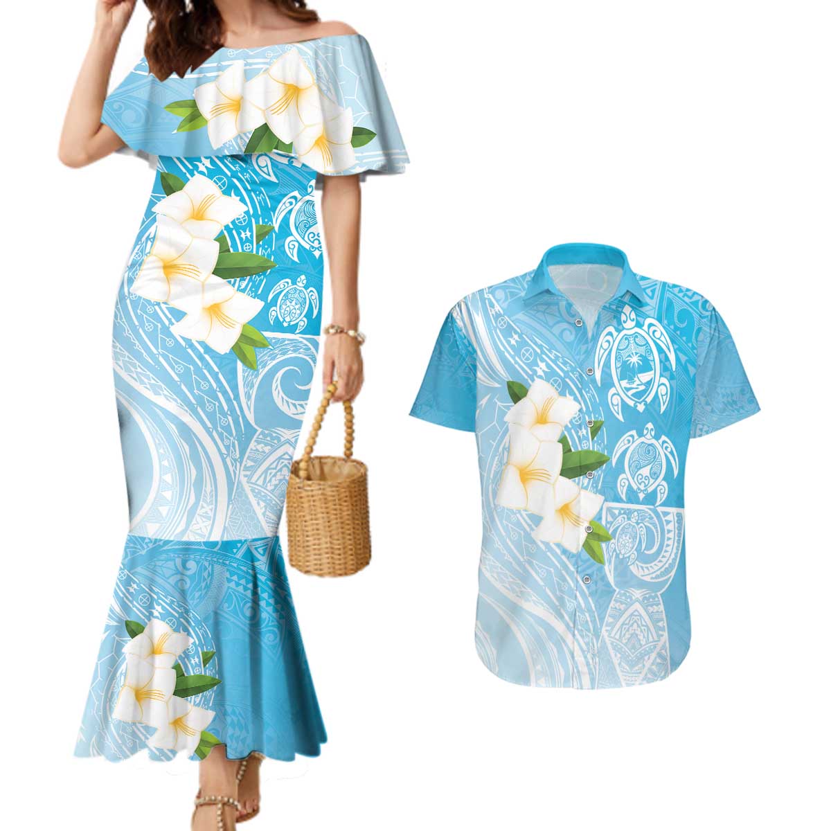 Personalized Guam Chamorro Couples Matching Mermaid Dress and Hawaiian Shirt Turtles and Guasali Flowers LT7 Turquoise - Polynesian Pride