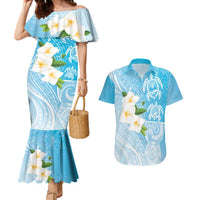 Personalized Guam Chamorro Couples Matching Mermaid Dress and Hawaiian Shirt Turtles and Guasali Flowers LT7 Turquoise - Polynesian Pride