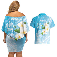 Personalized Guam Chamorro Couples Matching Off Shoulder Short Dress and Hawaiian Shirt Turtles and Guasali Flowers LT7 - Polynesian Pride