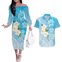 Personalized Guam Chamorro Couples Matching Off The Shoulder Long Sleeve Dress and Hawaiian Shirt Turtles and Guasali Flowers LT7 Turquoise - Polynesian Pride