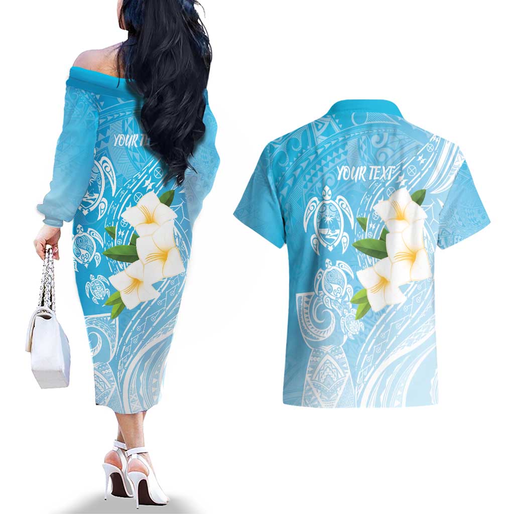 Personalized Guam Chamorro Couples Matching Off The Shoulder Long Sleeve Dress and Hawaiian Shirt Turtles and Guasali Flowers LT7 - Polynesian Pride